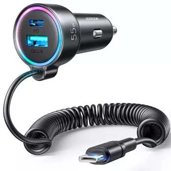 Auto-Ladegerät Joyroom JR-CL07 3-in-1 60W mit integriertem USB-C-Kabel 1,6 m, schwarz