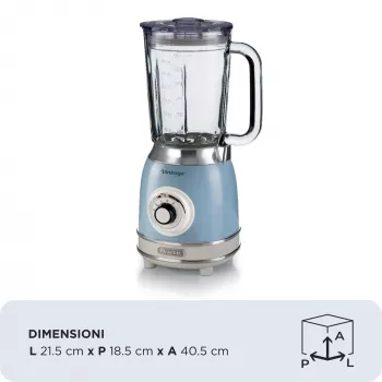 Ariete 583, Vintage Mixer mit 1,5 Liter Glaskrug, 4 Edelstahlklingen, 4 Geschwindigkeiten + Pulse, 1000 Watt, Blau