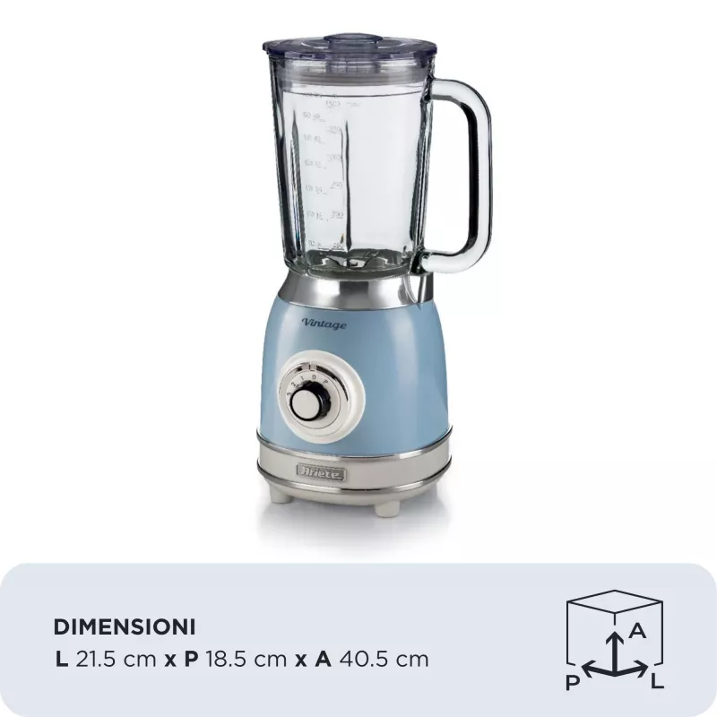 Ariete 583, Vintage Mixer mit 1,5 Liter Glaskrug, 4 Edelstahlklingen, 4 Geschwindigkeiten + Pulse, 1000 Watt, Blau