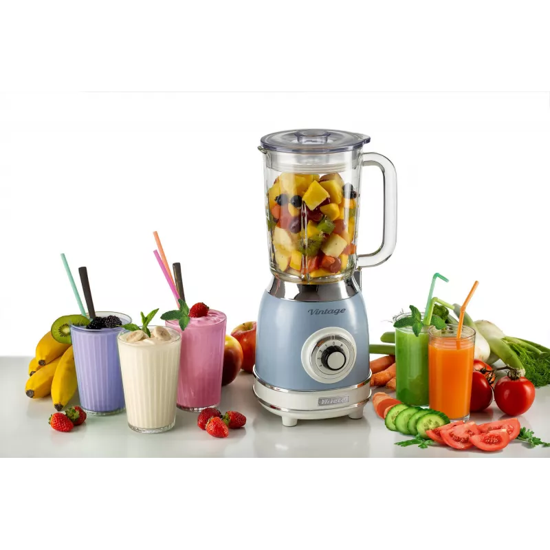 Ariete 583, Vintage Mixer mit 1,5 Liter Glaskrug, 4 Edelstahlklingen, 4 Geschwindigkeiten + Pulse, 1000 Watt, Blau