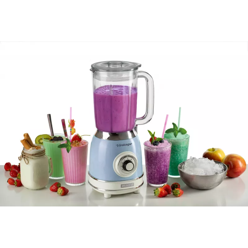 Ariete 583, Vintage Mixer mit 1,5 Liter Glaskrug, 4 Edelstahlklingen, 4 Geschwindigkeiten + Pulse, 1000 Watt, Blau