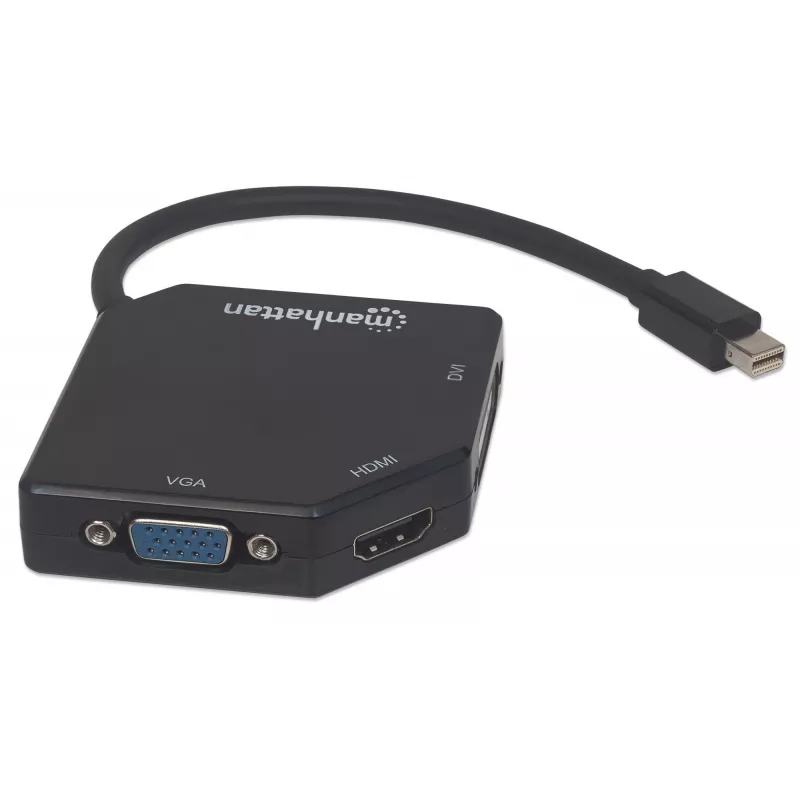 Manhattan Mini DisplayPort 1.2 auf HDMI, DVI und VGA Adapterkabel (3-in-1), 25 cm, Schwarz, Stecker auf Buchse, Passiv, HDMI 4K@30Hz, VGA und DVI 1080p@60Hz, Entspricht MDP2VGDVHD, Kompatibel mit DVI-D, Drei Jahre Garantie, Blister
