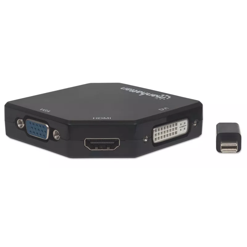 Manhattan Mini DisplayPort 1.2 auf HDMI, DVI und VGA Adapterkabel (3-in-1), 25 cm, Schwarz, Stecker auf Buchse, Passiv, HDMI 4K@30Hz, VGA und DVI 1080p@60Hz, Entspricht MDP2VGDVHD, Kompatibel mit DVI-D, Drei Jahre Garantie, Blister