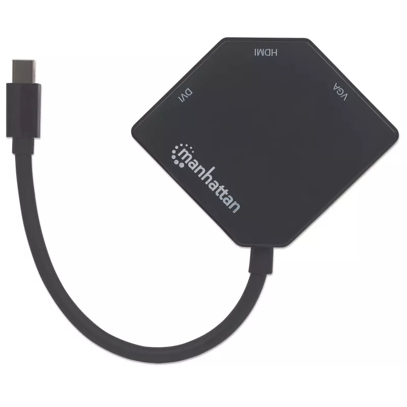 Manhattan Mini DisplayPort 1.2 auf HDMI, DVI und VGA Adapterkabel (3-in-1), 25 cm, Schwarz, Stecker auf Buchse, Passiv, HDMI 4K@30Hz, VGA und DVI 1080p@60Hz, Entspricht MDP2VGDVHD, Kompatibel mit DVI-D, Drei Jahre Garantie, Blister