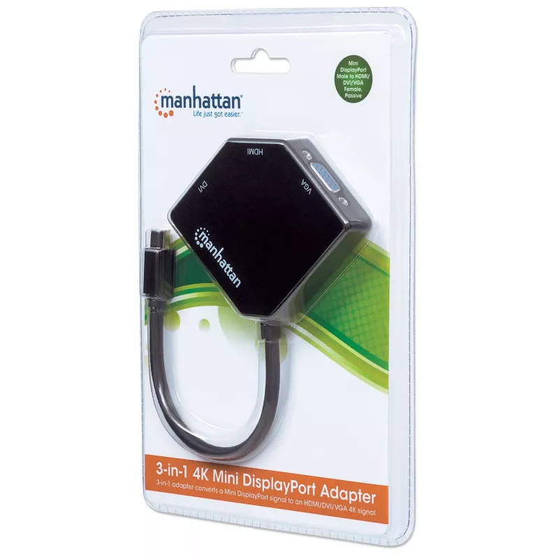 Manhattan Mini DisplayPort 1.2 auf HDMI, DVI und VGA Adapterkabel (3-in-1), 25 cm, Schwarz, Stecker auf Buchse, Passiv, HDMI 4K@30Hz, VGA und DVI 1080p@60Hz, Entspricht MDP2VGDVHD, Kompatibel mit DVI-D, Drei Jahre Garantie, Blister
