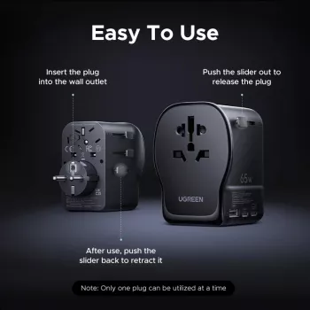 AC Innen-Ladegerät für Mobilgeräte UGREEN 55001 — 2× USB-C, 100–240 V, Schnellladung, Schwarz/Grau