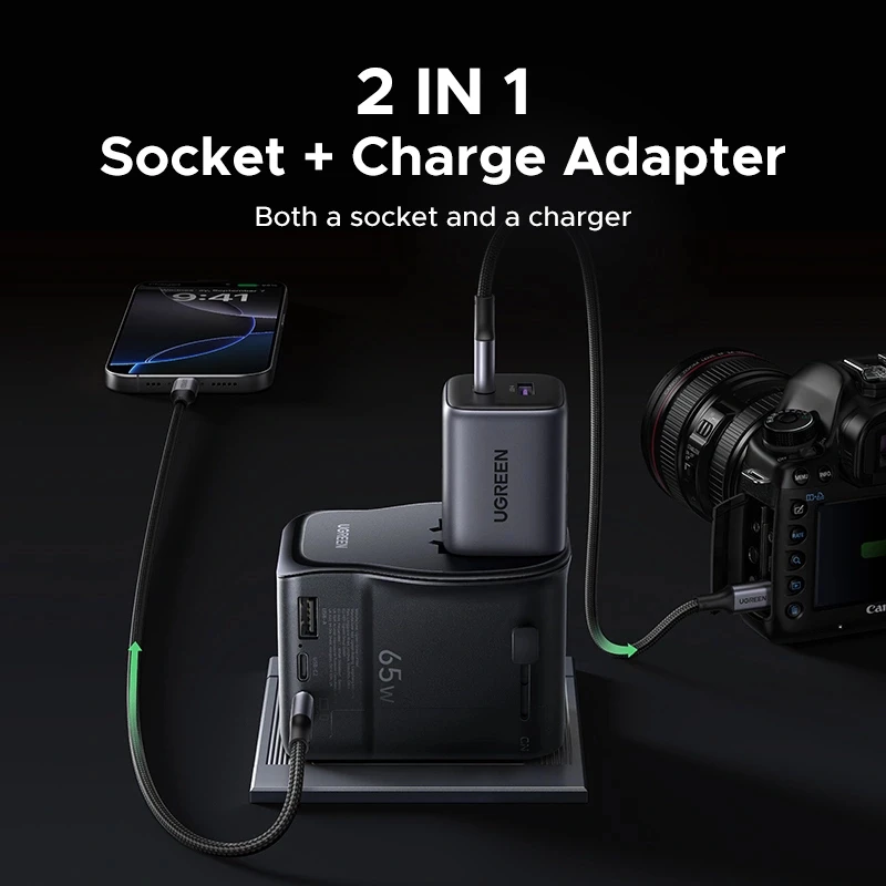 AC Innen-Ladegerät für Mobilgeräte UGREEN 55001 — 2× USB-C, 100–240 V, Schnellladung, Schwarz/Grau