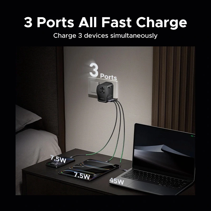 AC Innen-Ladegerät für Mobilgeräte UGREEN 55001 — 2× USB-C, 100–240 V, Schnellladung, Schwarz/Grau