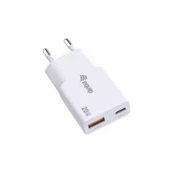 EQUIP 2‑Port 20W GaN schlank USB PD Ladegerät — USB‑C x1, USB‑A x1, Eingang 100–240V, Max. Ausgang 12V, Weiß