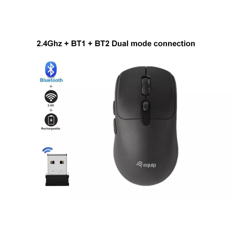 EQUIP Beidhändige 6-Tasten Dual-Mode Funkmaus, optisch 1600 DPI, RF + Bluetooth, Schwarz