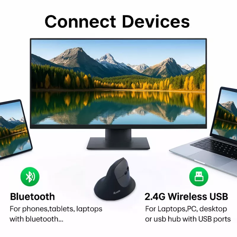 EQUIP ergonomische vertikale Funkmaus für Rechtshänder, 1600 DPI, RF Wireless + Bluetooth, wiederaufladbar, 6 Tasten, schwarz