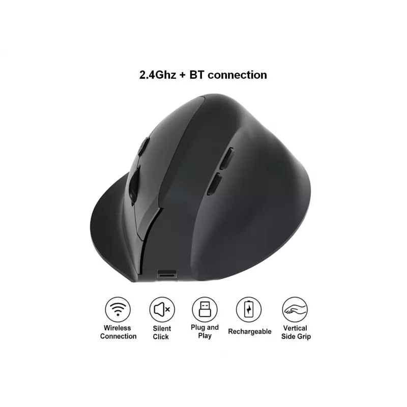 EQUIP ergonomische vertikale Funkmaus für Rechtshänder, 1600 DPI, RF Wireless + Bluetooth, wiederaufladbar, 6 Tasten, schwarz
