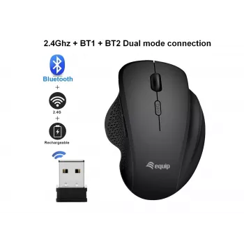 EQUIP 6-Tasten wiederaufladbare Dual-Mode-Funkmaus – Rechtshänder, optisch 1600 DPI, RF Wireless + Bluetooth, Schwarz