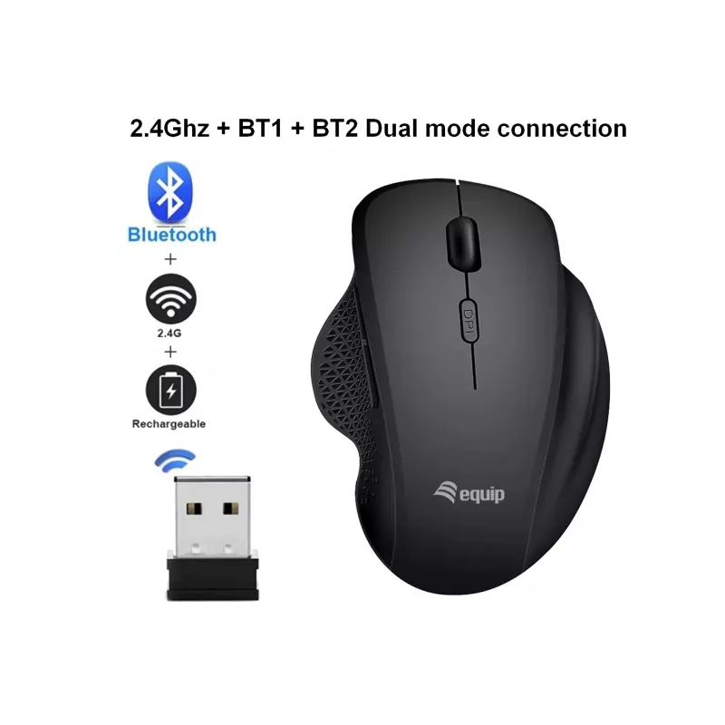 EQUIP 6-Tasten wiederaufladbare Dual-Mode-Funkmaus – Rechtshänder, optisch 1600 DPI, RF Wireless + Bluetooth, Schwarz