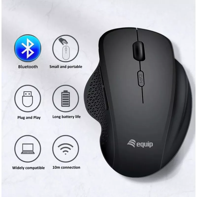 EQUIP 6-Tasten wiederaufladbare Dual-Mode-Funkmaus – Rechtshänder, optisch 1600 DPI, RF Wireless + Bluetooth, Schwarz