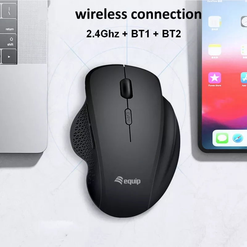 EQUIP 6-Tasten wiederaufladbare Dual-Mode-Funkmaus – Rechtshänder, optisch 1600 DPI, RF Wireless + Bluetooth, Schwarz