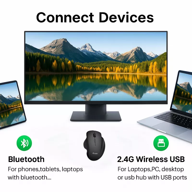 EQUIP 6-Tasten wiederaufladbare Dual-Mode-Funkmaus – Rechtshänder, optisch 1600 DPI, RF Wireless + Bluetooth, Schwarz