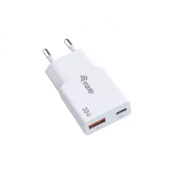 EQUIP 2-Port 30W GaN schlank USB PD Ladegerät — USB‑C x1, USB‑A x1, 100–240V Eingang, max 20V Ausgang, weiß