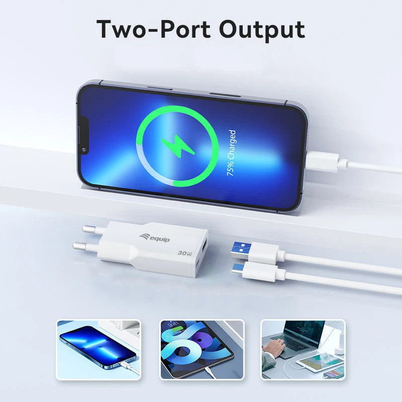 EQUIP 2-Port 30W GaN schlank USB PD Ladegerät — USB‑C x1, USB‑A x1, 100–240V Eingang, max 20V Ausgang, weiß