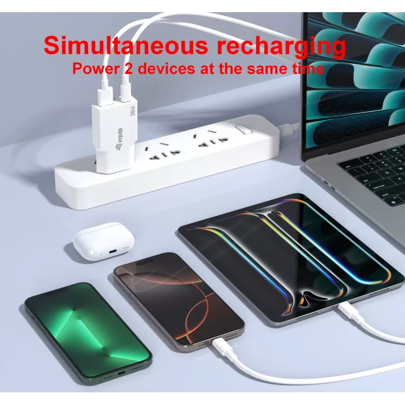 EQUIP 2-Port 30W GaN schlank USB PD Ladegerät — USB‑C x1, USB‑A x1, 100–240V Eingang, max 20V Ausgang, weiß