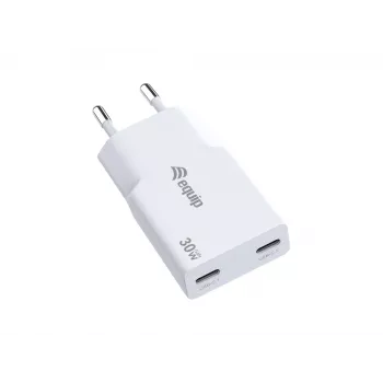 EQUIP 2-Port 30W GaN schlank USB-C PD Ladegerät — 2 USB-C Anschlüsse, 100–240 V Eingang, max. 20 V Ausgang, weiß