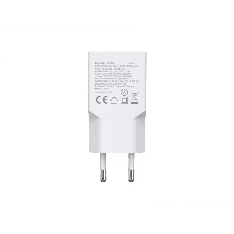 EQUIP 2-Port 30W GaN schlank USB-C PD Ladegerät — 2 USB-C Anschlüsse, 100–240 V Eingang, max. 20 V Ausgang, weiß