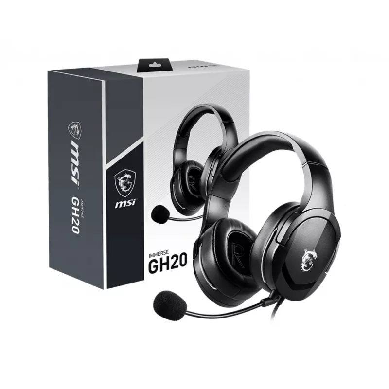 MSI IMMERSE GH20 Gaming-Headset '3,5-mm-Inline mit Audio-Splitter-Zubehör, Schwarz, 40-mm-Treiber, unidirektionales Mikrofon, PC- und plattformübergreifende Kompatibilität'