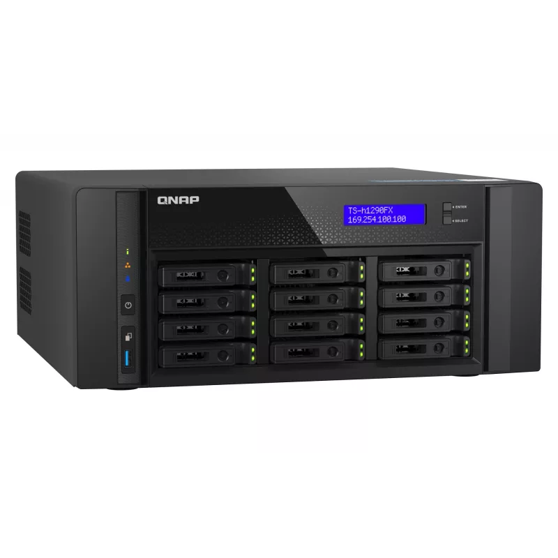 NAS Tower QNAP TS-h1290FX — EPYC 7302P 3,0 GHz, 128 GB DDR4, 12 Einschübe, QuTS hero, Schwarz