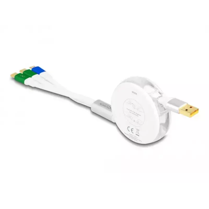 DeLOCK USB 3 in 1 Einziehbares Ladekabel Typ-A auf Micro USB / 2 x USB Typ-C Schnellladung 1,13 m