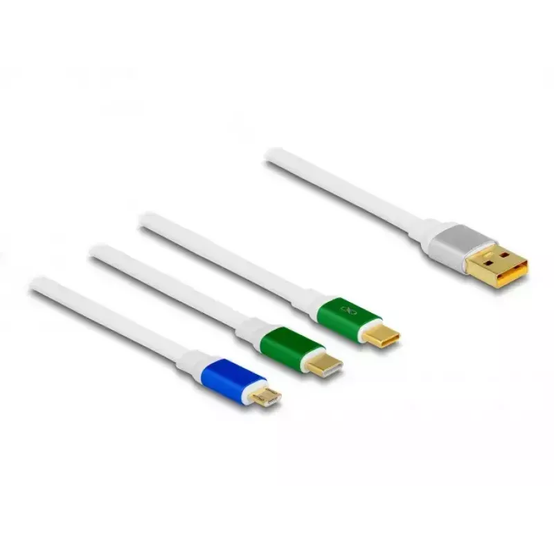 DeLOCK USB 3 in 1 Einziehbares Ladekabel Typ-A auf Micro USB / 2 x USB Typ-C Schnellladung 1,13 m