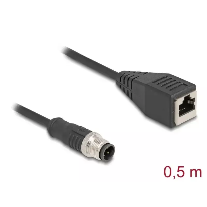 Industrielles Ethernet-Kabel DeLOCK M12 Kabel D-kodiert 4-polig Stecker auf RJ45 Buchse Cat5e 0,5m Schwarz