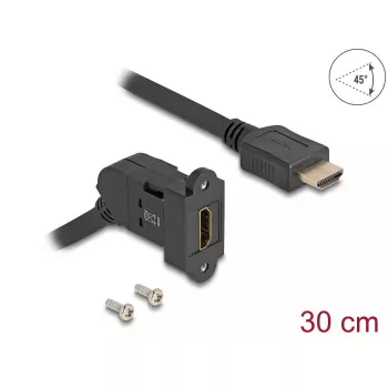 DeLOCK HDMI Panel Mount Buchse 45° abgewinkelt auf HDMI Stecker 30 cm Kabel 8K 60 Hz schwarz