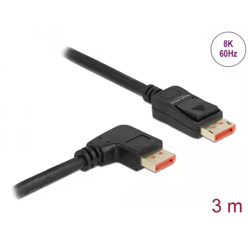 DisplayPort-Kabel DeLOCK 8K 60 Hz 3 m Stecker gerade auf Stecker 90° abgewinkelt