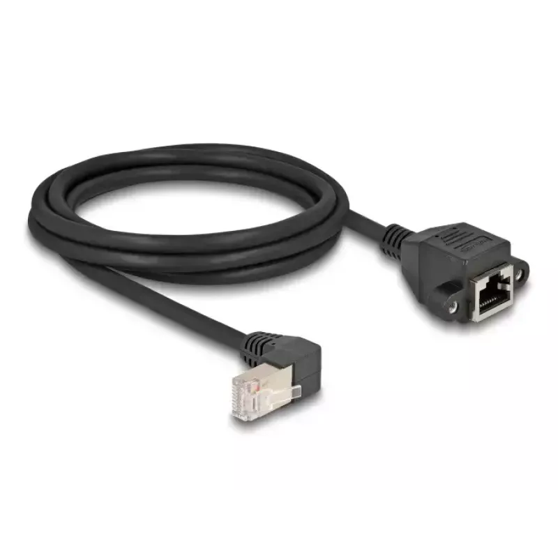 DeLOCK Netzwerk-Verlängerungskabel S/FTP RJ45 90° gewinkelt auf RJ45 Cat.6A 2m schwarz
