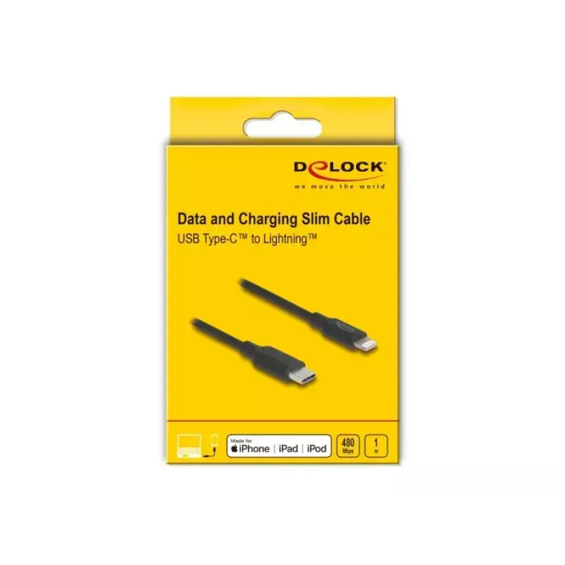 Kabel DELOCK USB-C auf Lightning schlank 1 m, Lightning ↔ USB-C, 9 V 3 A, 3,3 mm, MFi