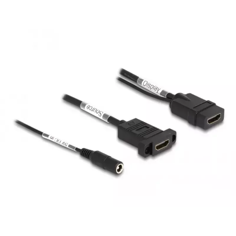 DeLOCK HDMI-Kabel 4K 60 Hz mit DC-Speisung 2,1 x 5,5 mm 0,30 m Panel-Mount