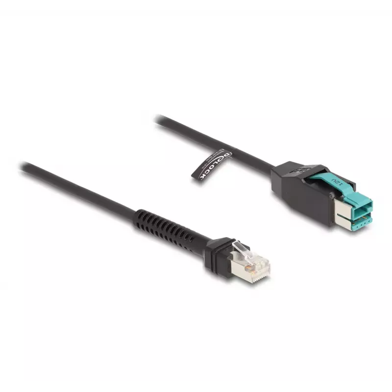 DeLOCK Spiralkabel RJ50 Stecker auf PoweredUSB Stecker 12 V 3 m Schwarz