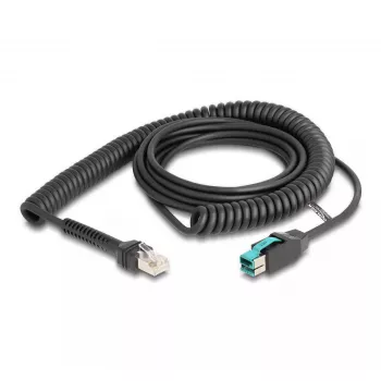 DeLOCK Spiralkabel RJ50 Stecker auf PoweredUSB Stecker 12 V 3 m Schwarz