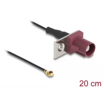 Koaxialkabel DELOCK 90730 — FAKRA D auf I-PEX MHF1, 0,2 m, Ø1,13 mm, schwarz/bordeaux
