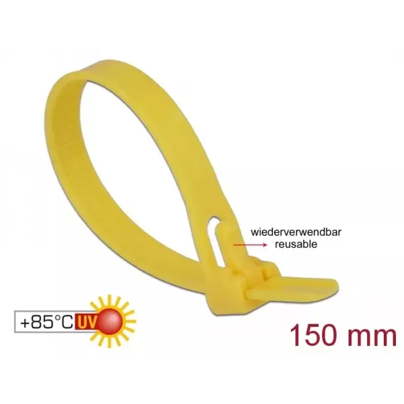 Lösbarer Kabelbinder DELOCK 18760 — Nylon, 150×7,5 mm, Gelb, 100 Stück