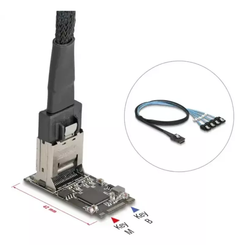 DELOCK interne M.2 auf Mini-SAS Adapterkarte 64260, M.2-Host, Mini-SAS-Ausgang, JMicron JMB585, schwarz, LED