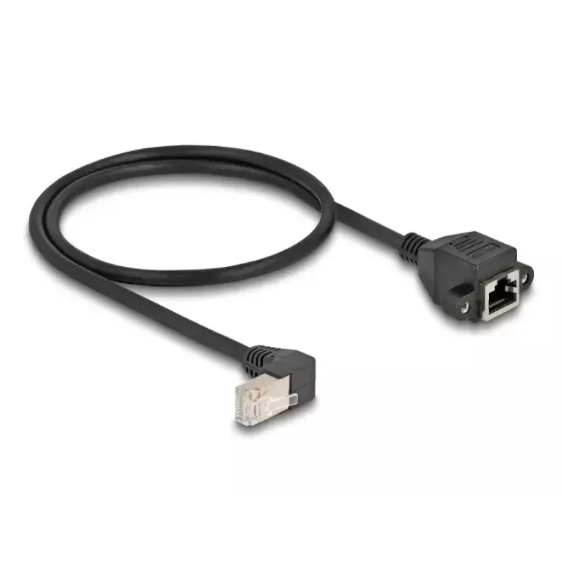 DELOCK Netzwerk-Verlängerungskabel S/FTP RJ45 90° gewinkelt auf RJ45 Cat.6A 0,5 m schwarz