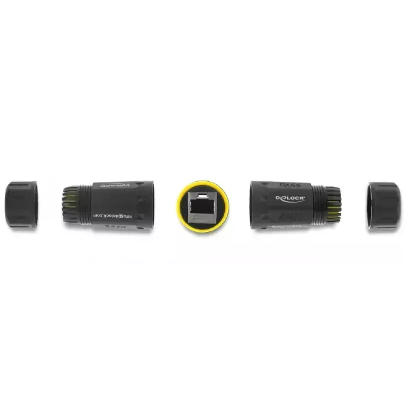 Kupplungsadapter DELOCK RJ45-Buchse auf RJ45-Buchse mit M23-Gewinde, Cat.6a/Cat.7, IP68, schwarz