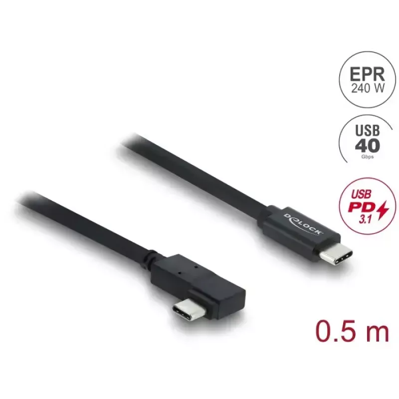 DELOCK Koaxial-USB4-Gen-3x2-Kabel abgewinkelt links/rechts USB-C auf USB-C 40 Gbit/s USB PD 3.1 240 W 0,5 m