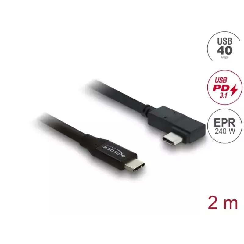 Kabel DELOCK Koaxial USB4 Gen 3x2 40 Gbps USB-C auf USB-C gewinkelt links/rechts PD 3.1 240W 2 m