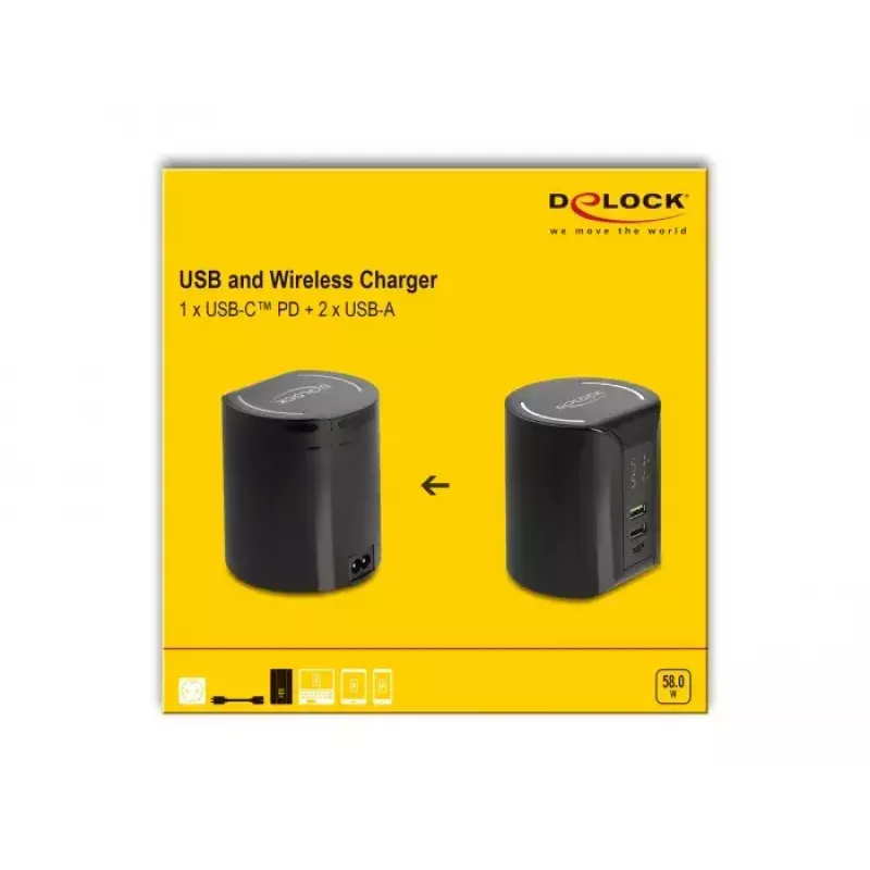 DeLOCK USB- und kabelloses Ladegerät 1 × USB Type-C PD + 2 × USB Type-A 58 W