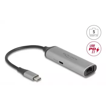DELOCK 81591 USB Type-C Hub mit RJ-45 2,5/5 Gbit/s Ethernet und USB Type-C Power Delivery 140 W, Aluminium, Anthrazit/Schwarz