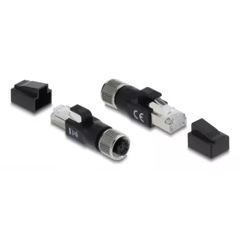 DELOCK M12 D-kodierter Adapter 4-polig Buchse auf RJ45 Stecker, Goldkontakte, schwarz
