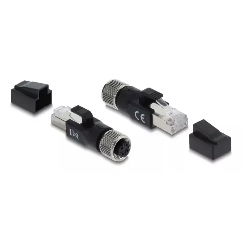DELOCK M12 D-kodierter Adapter 4-polig Buchse auf RJ45 Stecker, Goldkontakte, schwarz