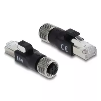 DELOCK M12 D-kodierter Adapter 4-polig Buchse auf RJ45 Stecker, Goldkontakte, schwarz